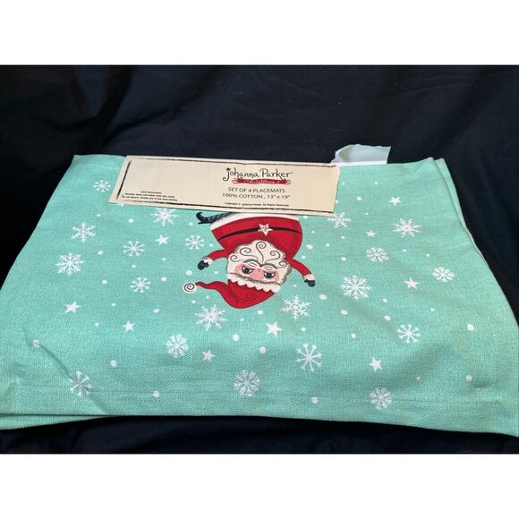 JOHANNA PARKER Mint Green SANTA CLAUS Christmas Cotton PLACEMATS Set of 4 New - Picture 6 of 10